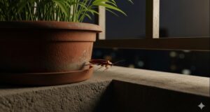 バジル プランターの下に潜むゴキブリ