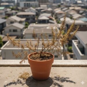夏のベランダで葉が茶色く枯れかけている鉢植えのローズマリー