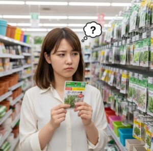 - ダイソーの園芸コーナーでローズマリーの種を持ち、本当に育つのか不安そうに考えている日本人女性