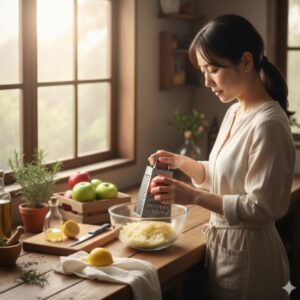 窓から光が差し込むキッチンで、女性が新鮮なリンゴをおろし金ですりおろしている様子