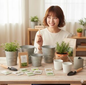 - セリアで購入したおしゃれな園芸用品(ブリキポット、ミニプランター、ガーデンピック、種など)をテーブルに並べ、笑顔でローズマリーのガーデンピックを持つ日本人女性