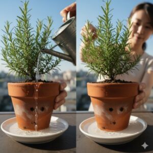 - 鉢植えのローズマリーに水やりをして、受け皿に溜まった水を捨てている日本人の女性の手元