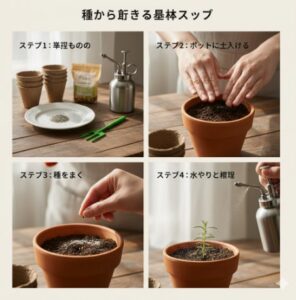 - ローズマリーを種から育てる基本ステップを示す4分割の画像。育苗ポットや種などの準備、ポットへの土入れ、種まき、霧吹きでの水やりと管理の様子。