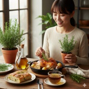 - 自分で育てたローズマリーを使って鶏肉のローストやフォカッチャ、ハーブティーなどを食卓に並べ、笑顔で仕上げの飾り付けをする日本人女性